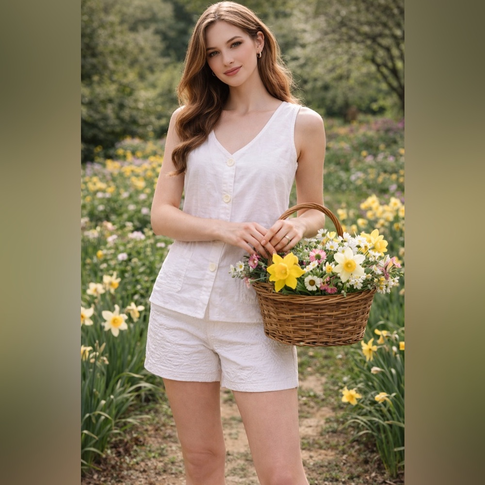 Kathryn Lee Linen Cotton Blend Button Front Vest Top XL White Cottagecore Summer